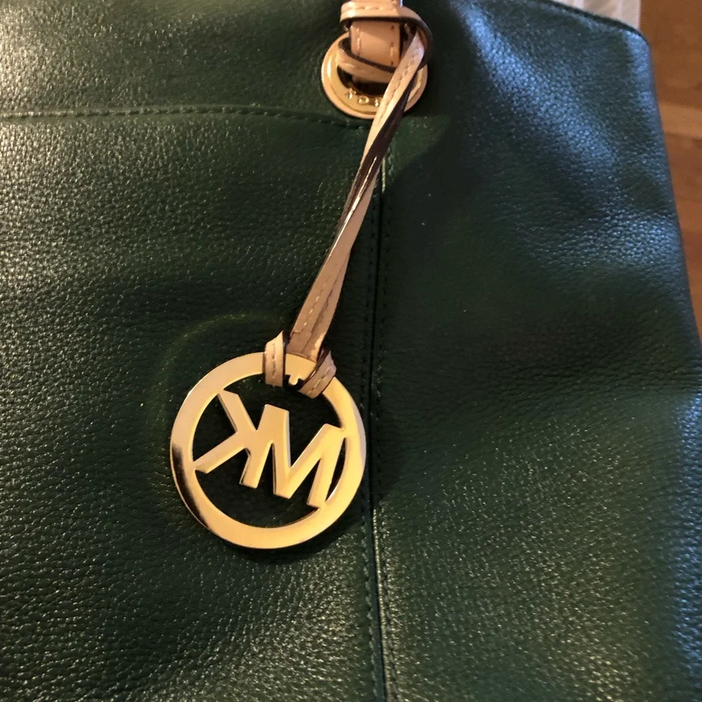 Michael Kors medium Tote dark green with light tan handles. Pre owned. - Picture 2 of 12